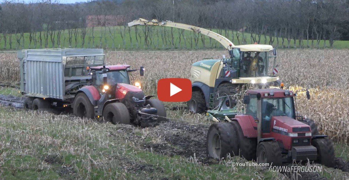 Modderen in de mais Maïs 2023 in modderige velden met een Krone Big X 530 Case IH Magnum